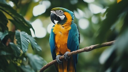 Obraz premium Blue-Gold Macaw perched on branch, lush rainforest background, wildlife photography