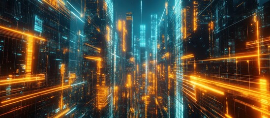 Obraz premium Cyberpunk Cityscape: Neon Lights and Digital Architecture