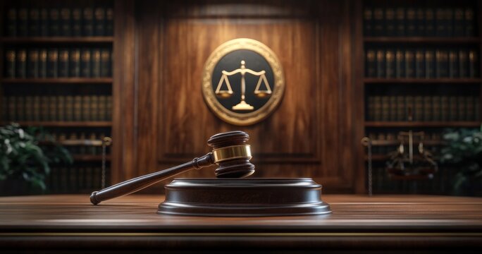Courtroom Scene with Judge's Gavel and Justice Scales in Legal Setting with Books