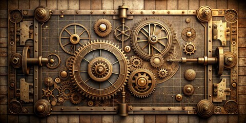 Fototapeta premium Steampunk Clockwork Panel A Detailed Visualization of Intricate Gears and Mechanisms on a Grunge Background