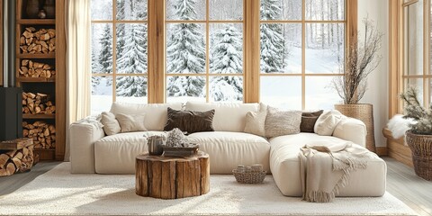 Obraz premium Modern rustic living room with a large window, a beige sofa, and wooden accents, with snow outside the windows.