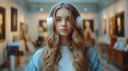 Woman with Headphones Enjoying Art Gallery Experience and Exploring Exhibits