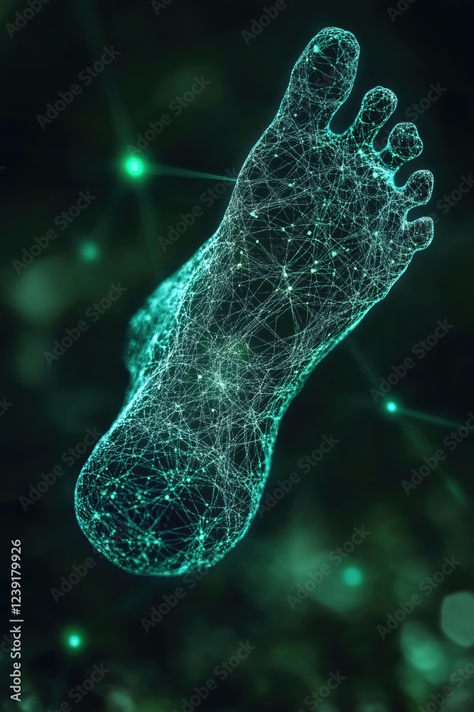 Wall mural digital footprint abstract geometric foot structure with glowing nodes on dark green background