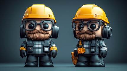 Two stylized worker figures wear hard hats and respirators