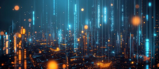 Naklejka premium Digital Metropolis: A futuristic cityscape illuminated by streams of data, showcasing technological advancement and urban development.