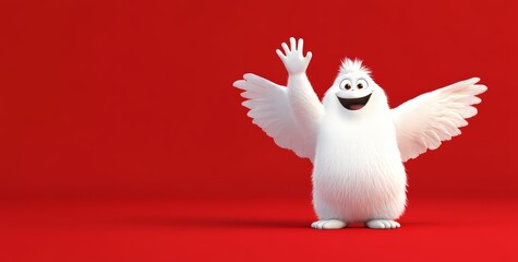 Playful, fluffy monster yeti with charming white cupid wings on a bold red background, expressing love. Ideal Valentine's Day banner with ample copy space