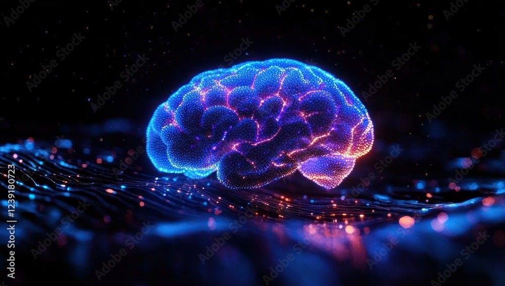 Poster Futuristic Brain Hologram with Neon Lights and Digital Data Streams in Abstract Technology Concept