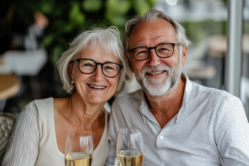 A smiling elderly couple at a cafe table.