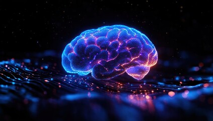 Futuristic Brain Hologram with Neon Lights and Digital Data Streams in Abstract Technology Concept