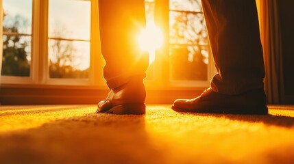 Older man polishing a pair of shoes in a cozy room, soft warm light, focused and nostalgic indoor activity, calm and introspective