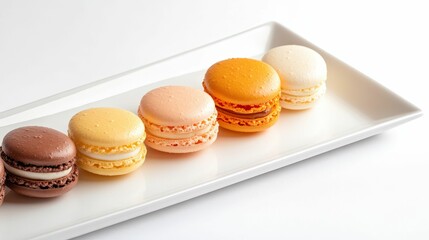 Fototapeta premium A tray of assorted colorful macarons on a white table, vibrant and artistic dessert composition
