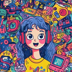 Girl Surrounded by Colorful Retro Gaming Gadgets