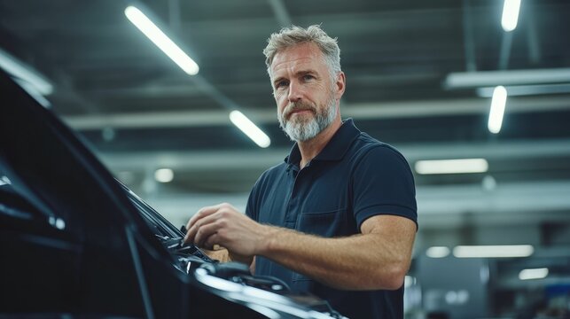 Senior man repairing a car in a garage, artificial lighting, practical and focused activity, rugged and modern workspace
