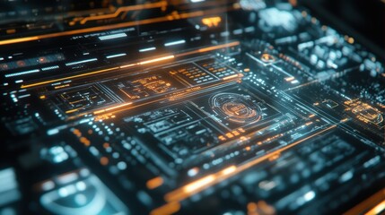 Fototapeta premium Orange and blue glowing holographic futuristic interface displaying complex data analysis and innovative production process. Featuring intricate circuits. Digital readouts. And dynamic visualizations