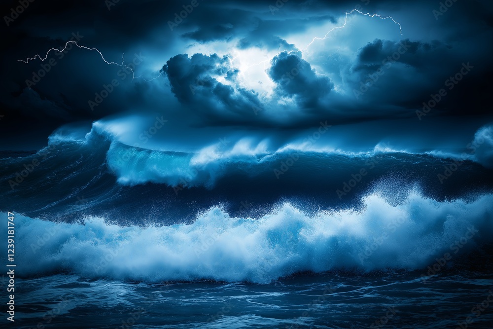 Poster a stormy ocean with lightning illuminating massive crashing waves