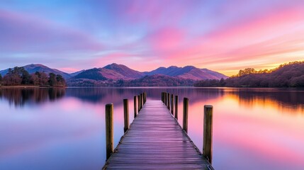 Obraz premium Old wooden jetty surrounded by still waters at sunrise, vibrant natural tones and warm sky reflections creating a peaceful setting