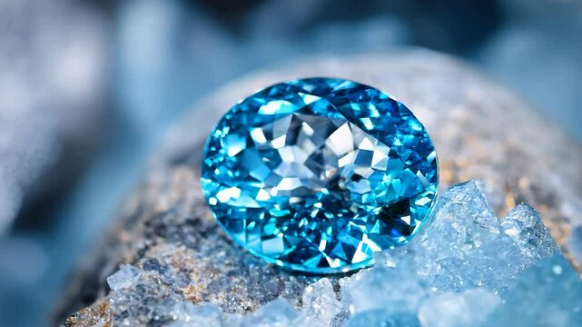 Close up of a vibrant blue topaz gemstone on a bed of rough, gray blue stones. The oval shaped gem displays brilliant facets and intense color