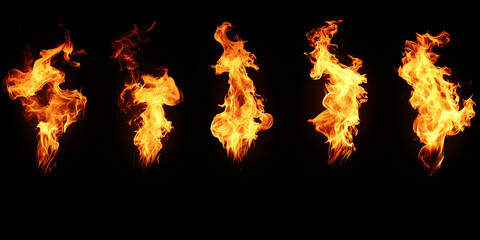Five flames isolated on a black background. Fireball energy effect for game design, magic fire explosion spark ignition