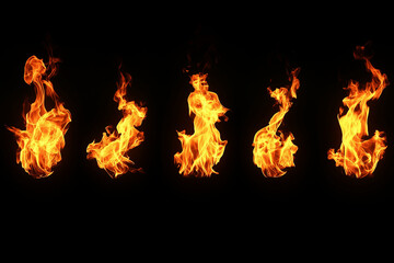 Abstract fire flames isolated black background. Burning fireball and firestorm, blazing sparks and smoke, campfire and barbecue grill ignition