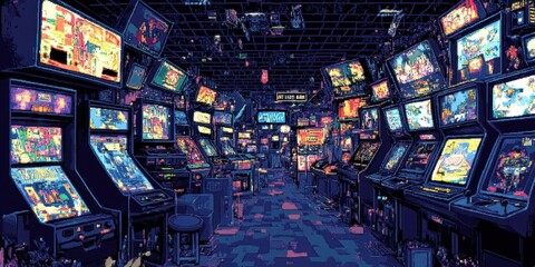 Retro Arcade Filled With Colorful Pixelated Games