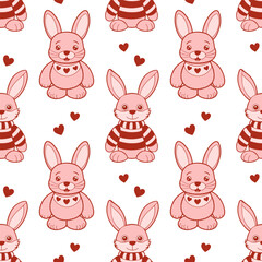 Seamless pattern of cute plush bunnies and hearts. Pink plush toys print. Children's background