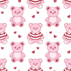 Seamless pattern of cute teddy bears and hearts. Pink plush toys print. Children's background