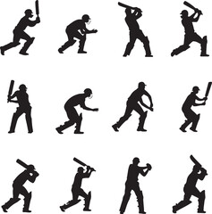 A collection of silhouette illustrations showcasing various cricket player positions and actions.