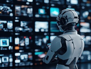 Fototapeta premium business sales automated Concept. A humanoid robot interacts with digital displays in a futuristic setting.