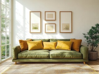 Fototapeta premium Cozy Modern Living Room Scene with Green Sofa and Pillows