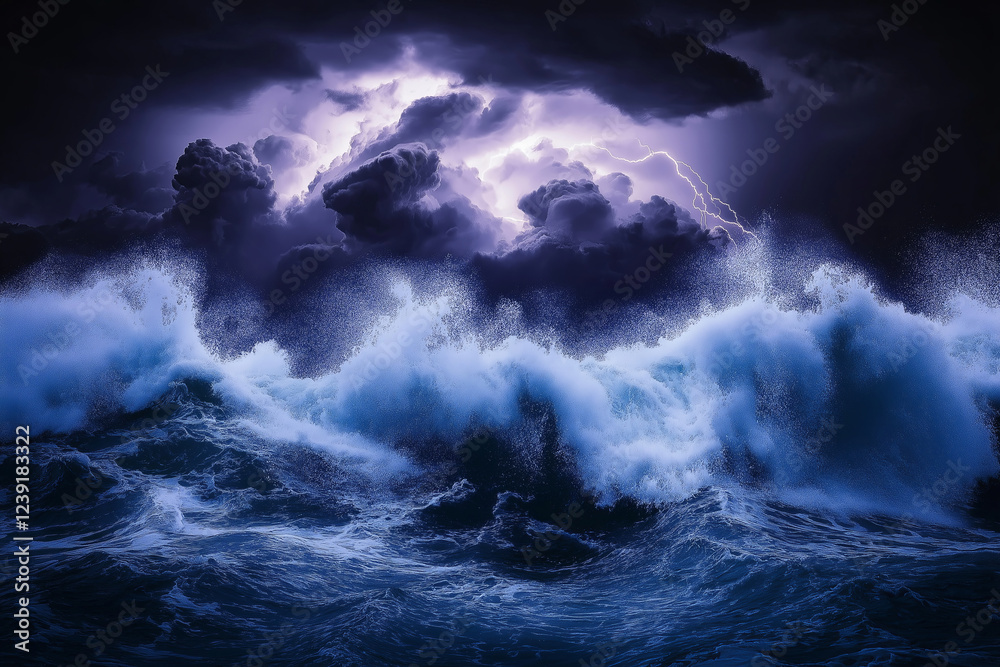 Poster a stormy ocean with lightning illuminating massive crashing waves