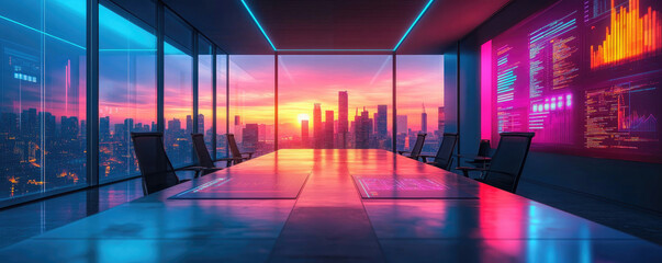 Modern Conference Room Overlooking Skyline with Digital Data Displays at Sunset