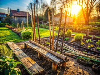 Obraz premium Rustic Charm: Weathered Wooden Stakes & Bench in a Winter Urban Garden