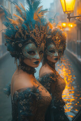 Fototapeta premium Photo d'une soirée brumeuse à Venise pendant le carnaval, avec des figures masquées mystérieuses en costumes baroques, gens, personnes, costumes vénitiens, mascarade, traditionnel