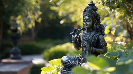 Obraz premium Contemporary Metal Statue of Krishna in a Sleek Design, Placed in a Public Park Surrounded by Greenery