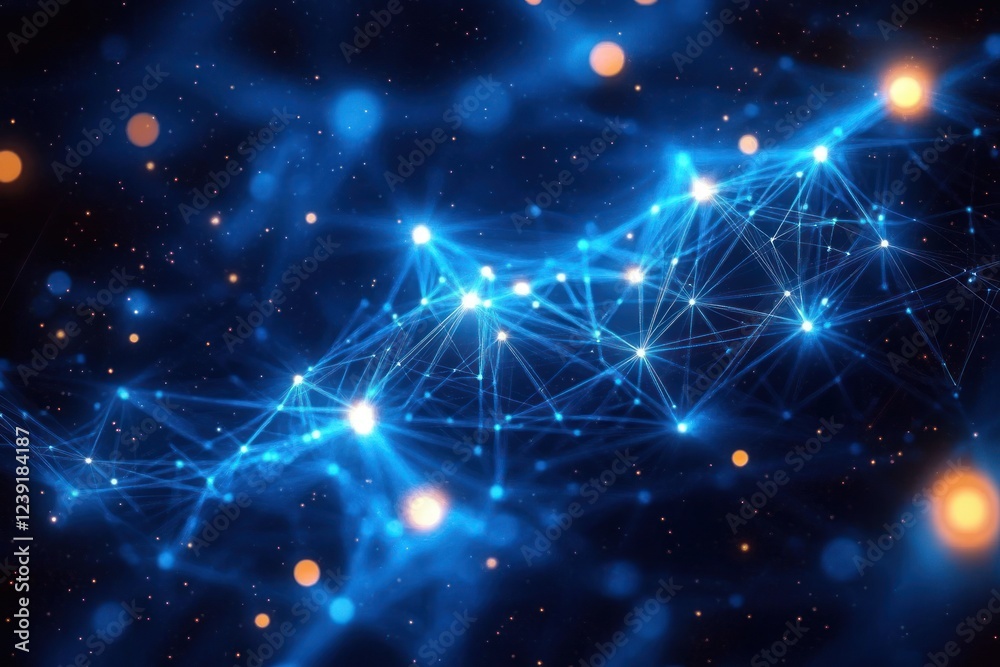 Aufkleber digital abstract network of interconnected geometric points and lines glowing in electric blue and b