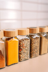 Set of glass jars for spices.