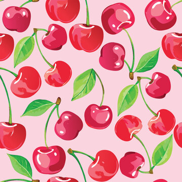 Juicy red cherries with green leaves on pink background watercolor style seamless vector pattern