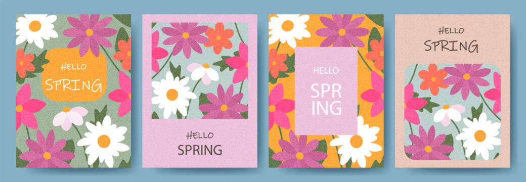 Spring cards set or posters for the spring holiday with wildflowers. Hand drawn floral frames and templates for Womens Day March 8, birthday and Mothers Day