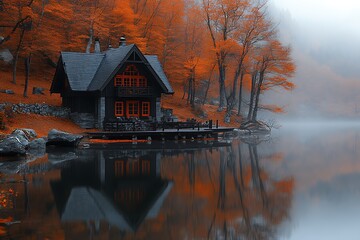 Fototapeta premium Autumnal Lakeside Cabin Nestled Amongst Orange Trees