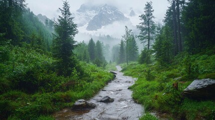 Obraz premium Morning light filters through mist as a serene stream winds through a vibrant green forest. Towering mountains loom in the background, adding to the tranquil beauty of the scene