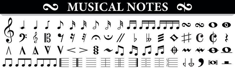 BIG set of musical notes. Music notes symbols. Black musical note icons. Music elements. Flat design. Vector illustration