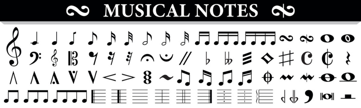 BIG set of musical notes. Music notes symbols. Black musical note icons. Music elements. Flat design. Vector illustration