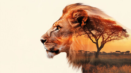 Fototapeta premium Double exposure of lion head with African savanna landscape