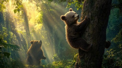 Obraz premium Two Brown Bear Cubs Playing in a Sunlit Forest