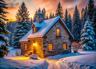 **** Rustic Stone House Amidst the Snowy Winter Landscape..**