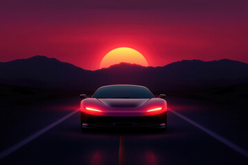 Fototapeta premium Sunset drive on a quiet road with a sleek car against a vibrant sky