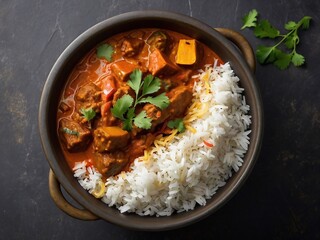 Madras Curry Meatballs with Rice and Cilantro Lime Garnish in a Bowl