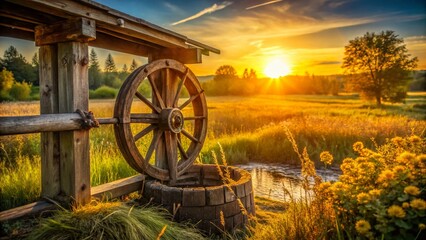 Rustic Water Well Wheel in Golden Hour Light - Candid Stock Photo