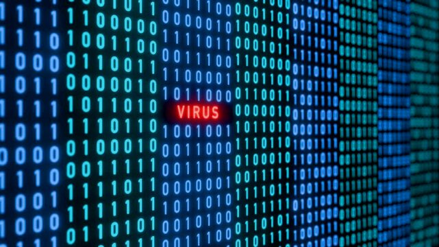 Computer virus warning sign, binary code with red signal, cyber crime. Damaged, malfunction, zero and one, problems, bit, byte, error, system failure. 3D animation