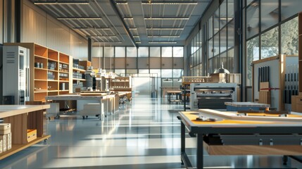 Modern Woodworking Facility with Automated Saws Crafting Custom Furniture Pieces